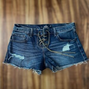Hollister Lace-Up Dark Blue Distressed Denim Shorts